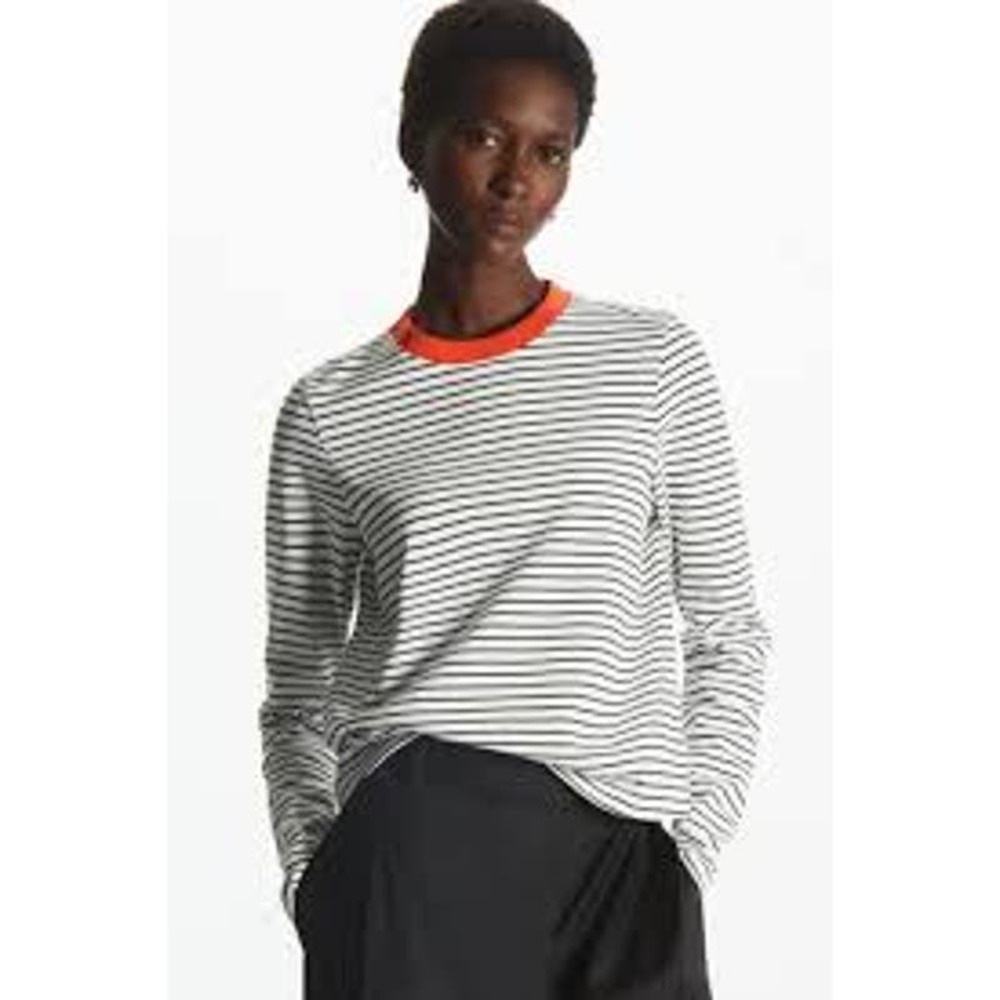 COS Black & White Striped Long-Sleeve Top with Orange Crew Neck